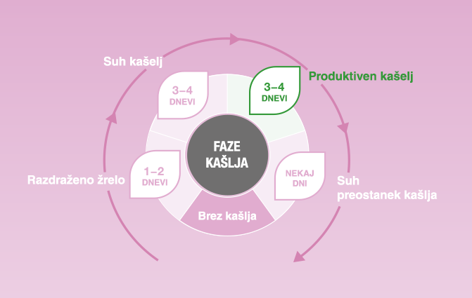 Grafični prikaz: faze kašlja in učinkovine zdravil Timijan in slez Bronchostop® Sine in Timijan in slez Bronchostop® peroralna raztopina